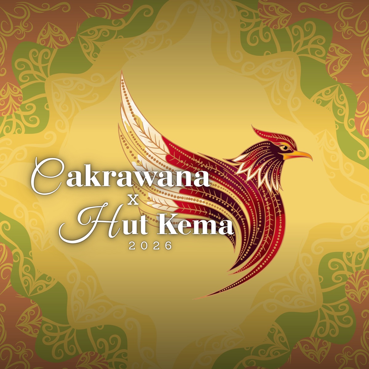 Poster logo Cakrawana x HUT Kema 2026 dengan burung bermotif batik
