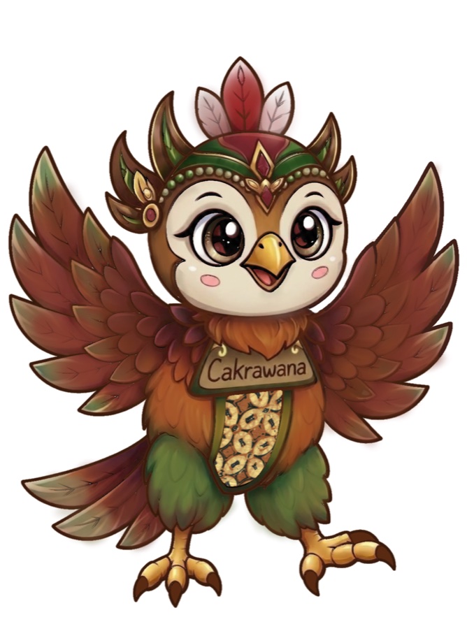 Maskot Cakrawana, burung hantu berpakaian adat